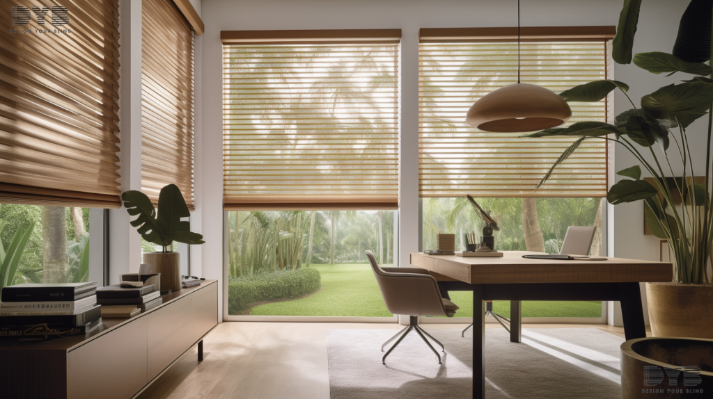A home office with motorized woven wood shades in West Palm Beach, Florida.