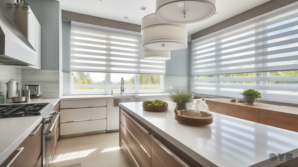 A modern kitchen with Designer Banded Shades in West Palm Beach, Florida.