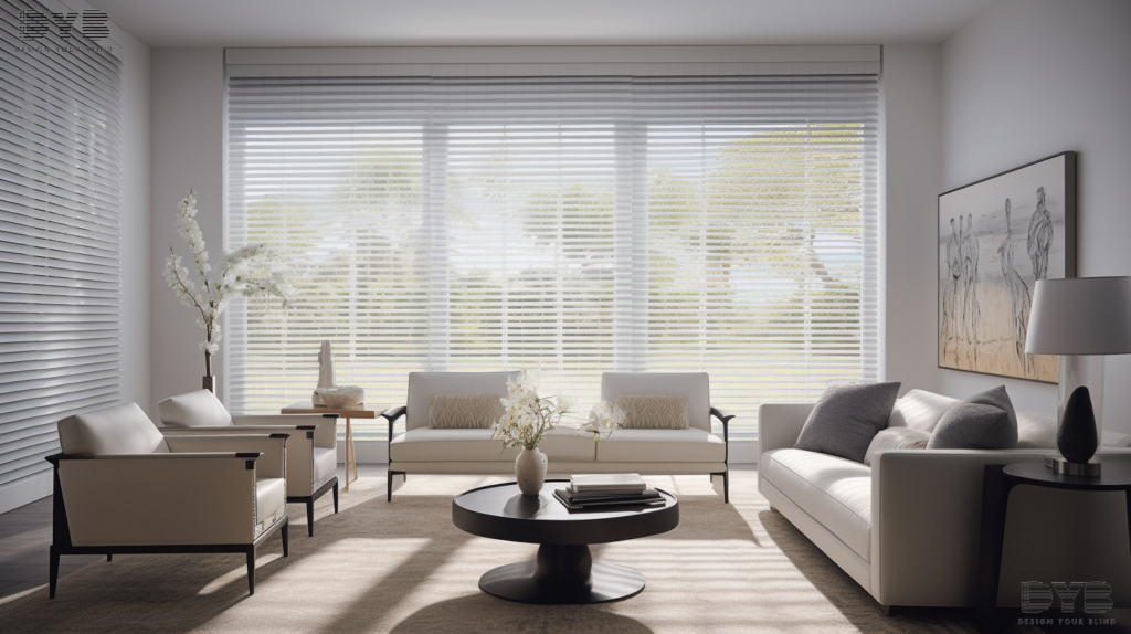 A West Palm Beach living room with Fauxwood Blinds, offering style and functionality