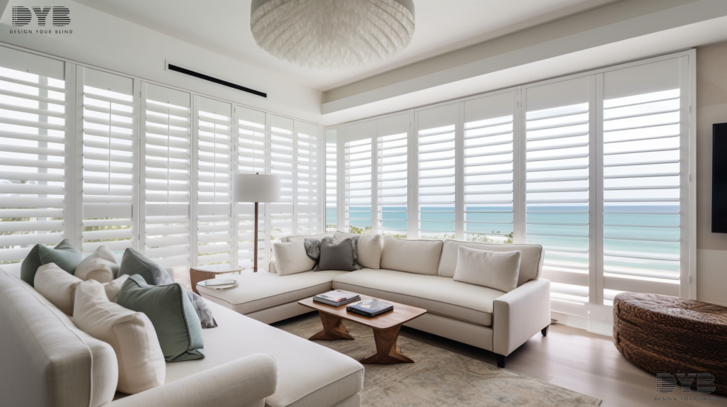 A living room with motorized plantation shutters in West Palm Beach, Florida.
