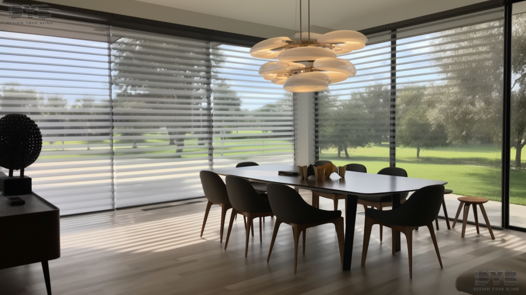 Boca Raton dining room with Zebra Shades overlooking a golf course.