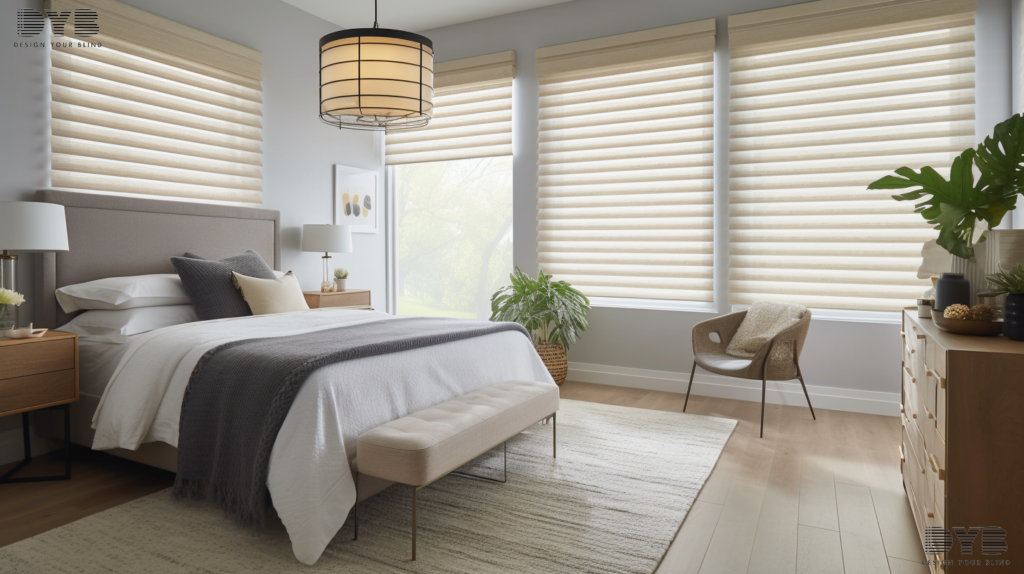 A bedroom in Boca Raton, Florida, with Designer Banded Shades adding a touch of modern farmhouse style.