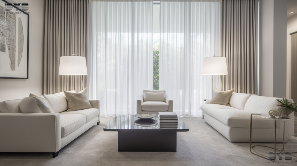 A luxurious living room in Boca Raton, Florida, with elegant white pinch pleat curtains.