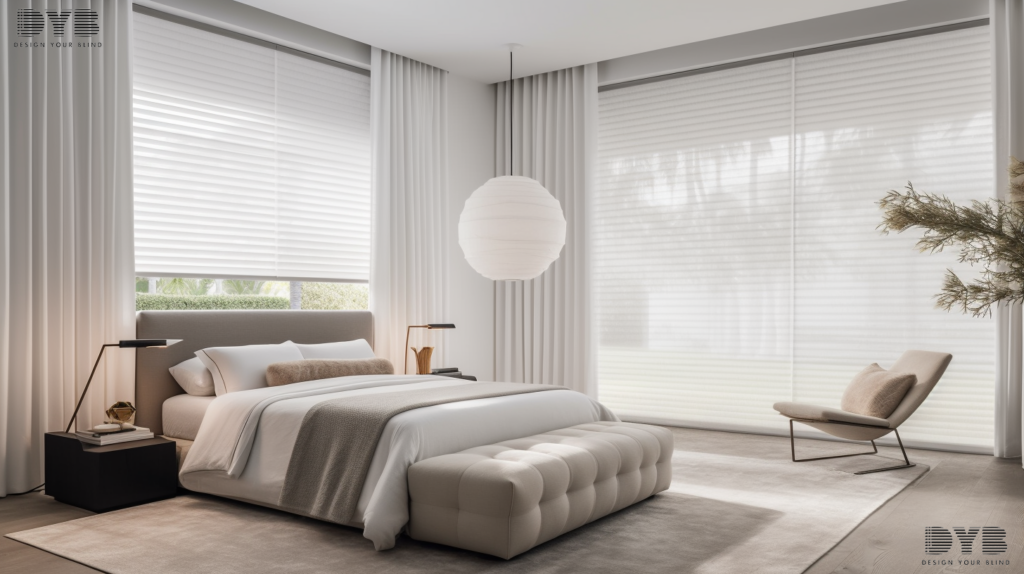 A minimalist master bedroom in Boca Raton, FL, with motorized cellular shades, a plush bed, and a pool view.