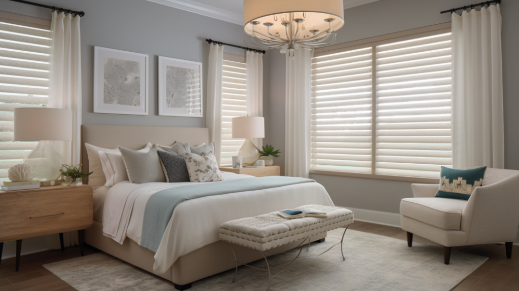 A cozy bedroom in Parkland, FL, showcasing a coastal-inspired design with Zebra Shades and Ethan Allen furniture, featuring a backyard with a pool.