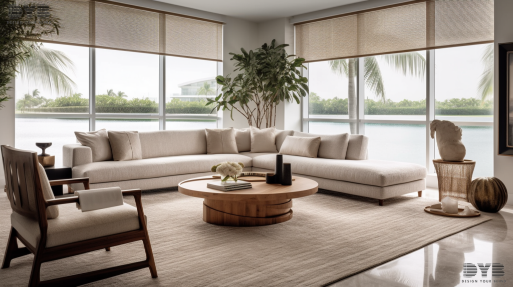 A living room in Delray Beach, FL, with Solar Roller Shades