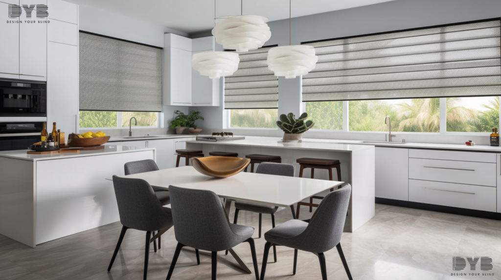 Woven Wood Shades in a Parkland kitchen.