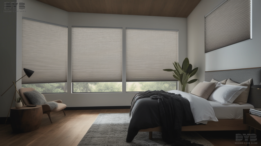 A close-up shot of a window with Honeycomb Shades in a Parkland, FL bedroom, showcasing a modern interior design with an ocean view.