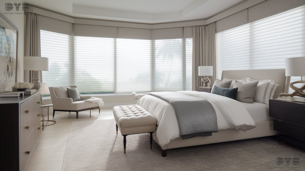 A transitional master bedroom in Boca Raton, FL, with motorized cellular shades, a comfortable bed, and a lake view.