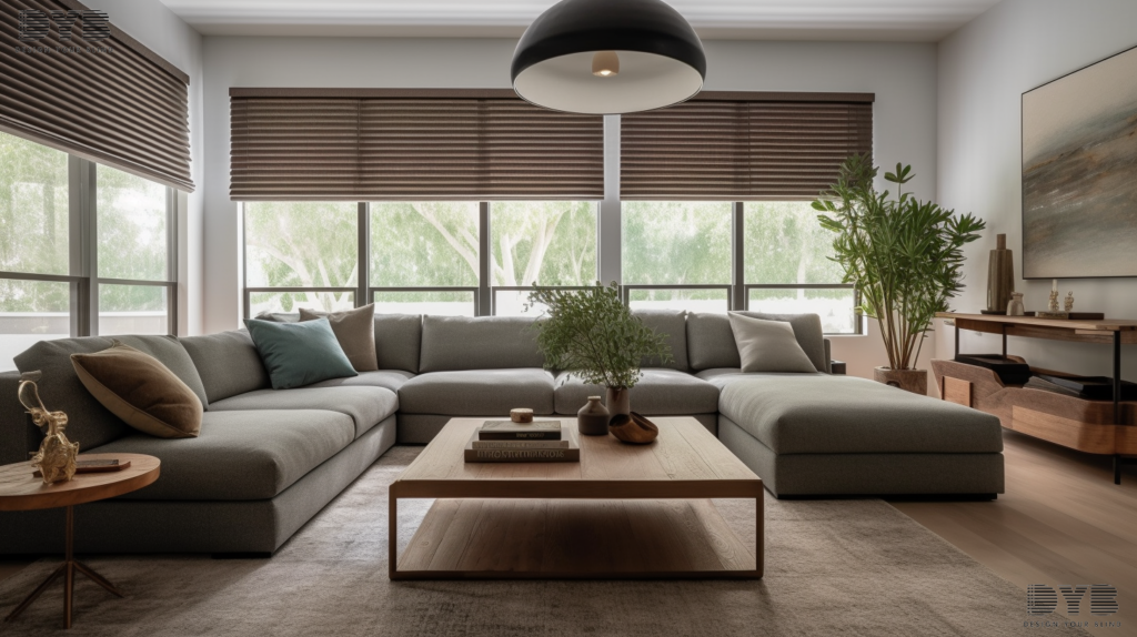 A spacious living room in Parkland, FL, showcasing a Farmhouse Modern interior design with Blackout Roller Shades and Bernhardt furniture.