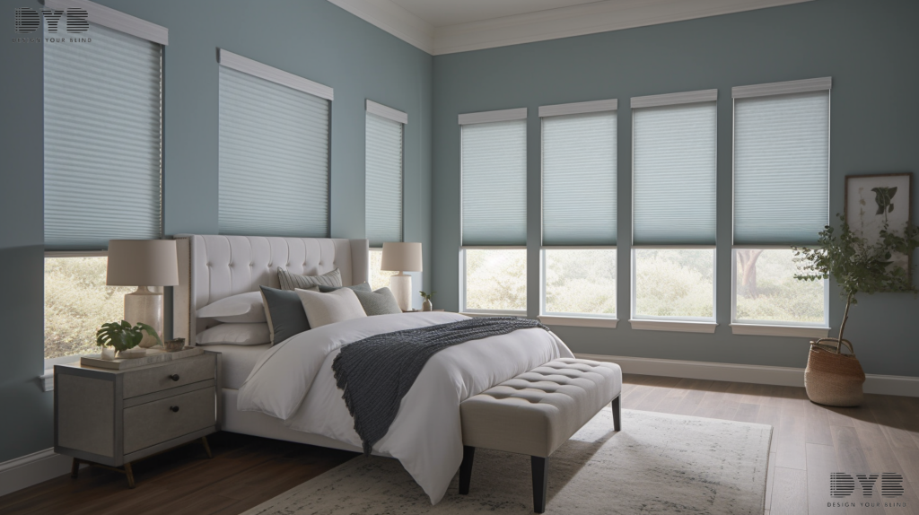 A coastal master bedroom in Boca Raton, FL, with motorized cellular shades, a large bed, and an Intercoastal Waterway view.