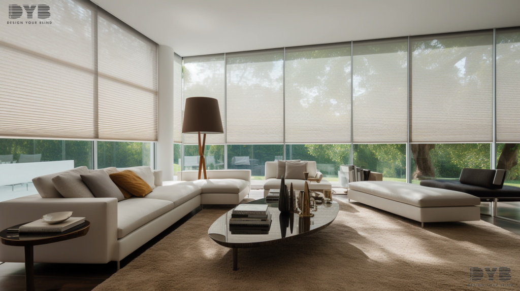 A modern living room in Boca Raton, FL, with motorized cellular shades, a plush sofa, and a pool view.