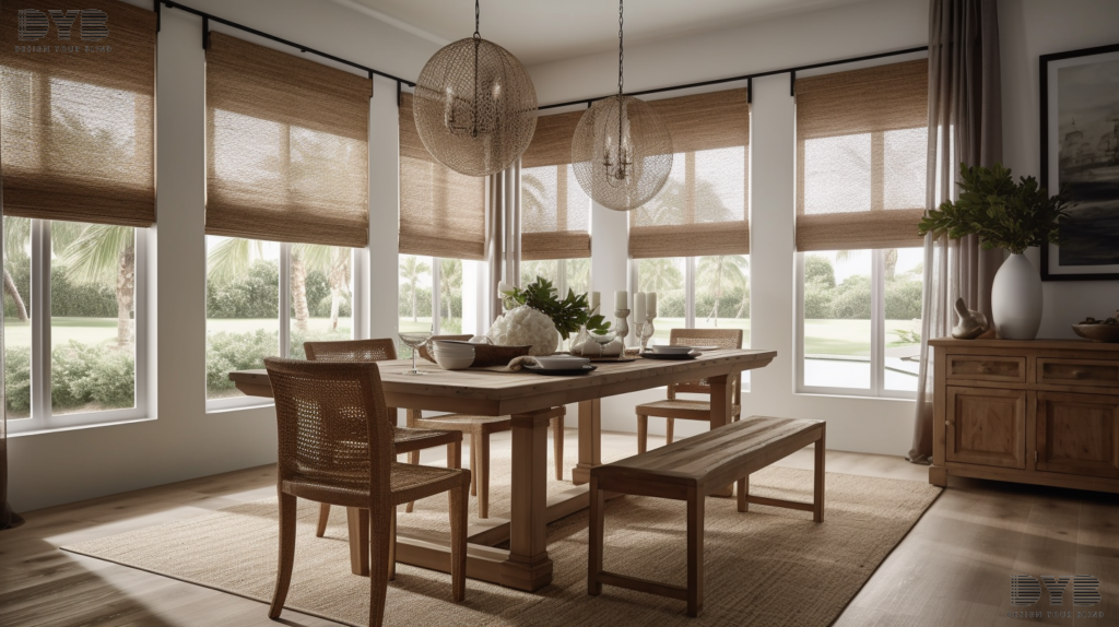 A casual dining room in Parkland, FL, showcasing Roller Shades and Williams Sonoma furniture with a view of the Intercoastal Waterway.