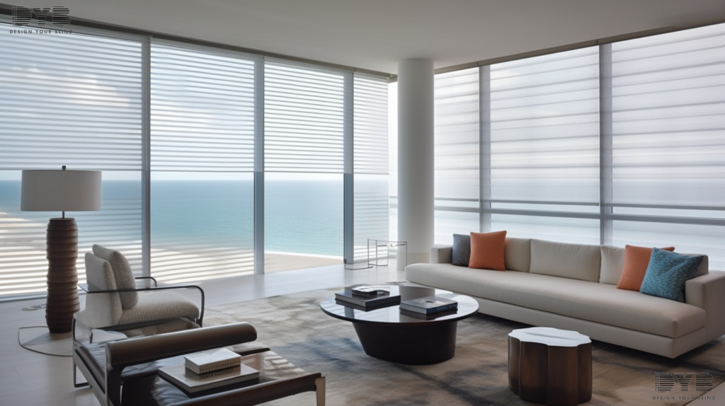 Screen Roller Shades in a West Palm Beach living room with ocean views.
