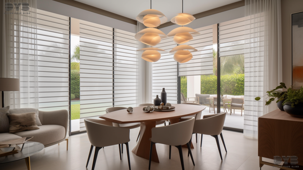 A contemporary dining room in Parkland, FL, showcasing Solar Roller Shades and Baker Furniture with a view of a backyard with a pool.