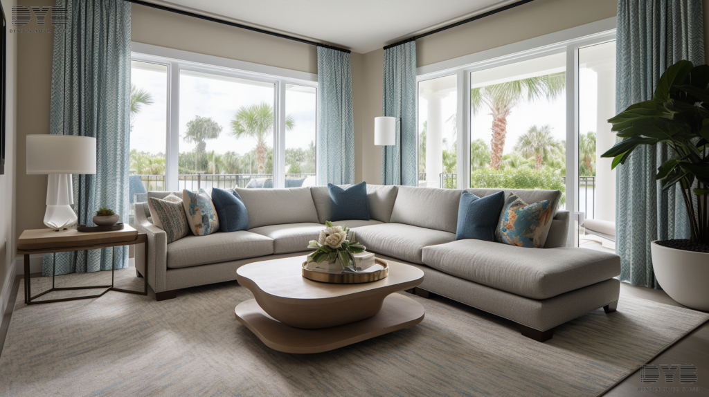 Blackout Curtains in a Coastal style family room with a view of the Intercoastal Waterway in West Palm Beach, FL