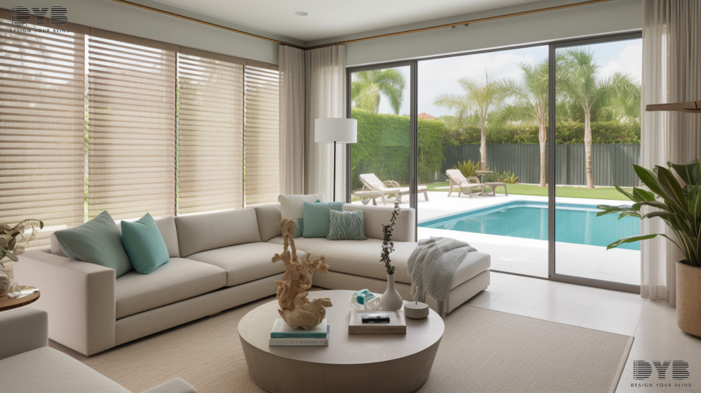 Screen Roller Shades in a West Palm Beach family room with a backyard pool.