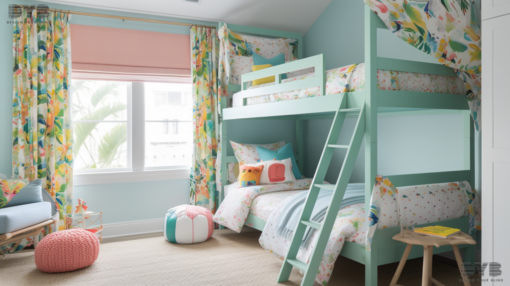 Blackout Curtains in a Farmhouse Modern style kids' bedroom with an ocean view in West Palm Beach, FL
