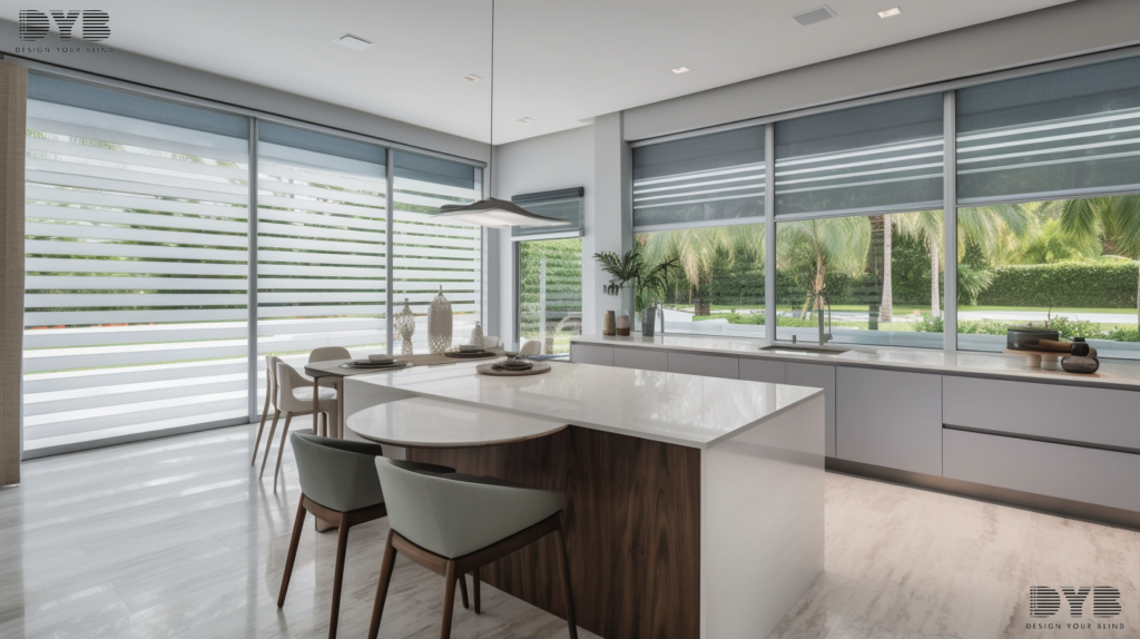 Modern kitchen in Palm Beach Gardens, FL featuring Pirouette Shades, offering a view of a lush backyard.
