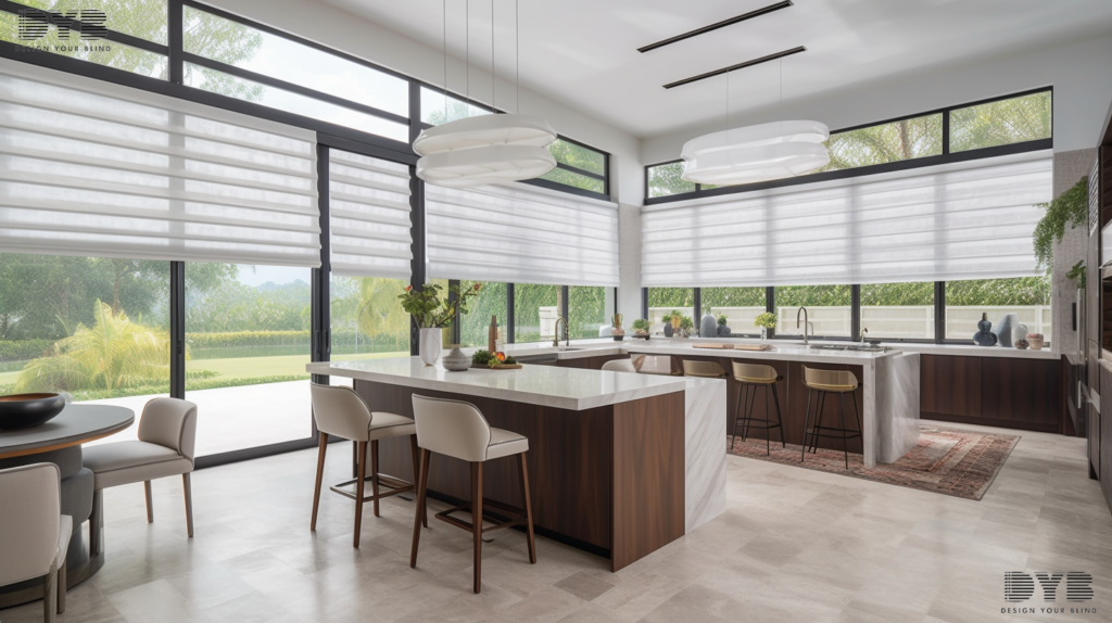 A spacious kitchen in Parkland, FL with Pirouette Shades on the large windows, creating a bright and airy feel. The shades are fully closed, allowing for a soft, diffused light to filter into the space. The room is designed in a contemporary style, with furniture from Arhaus, including a sleek island with bar stools, a modern dining table and chairs. The window overlooks the backyard with a pool, bringing a touch of outdoor serenity.