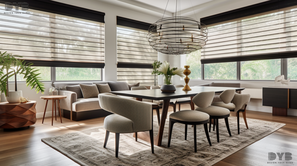 A stylish casual dining room in Parkland, FL with Pirouette Shades on the large windows, creating a cozy and inviting atmosphere. The shades are partially closed, allowing for a soft, diffused light to filter into the space. The room is designed in a Contemporary style with furniture from Restoration Hardware (RH), including a rustic wood dining table and comfortable upholstered chairs. The windows overlook the Intercoastal Waterway, adding a touch of serenity to the space.