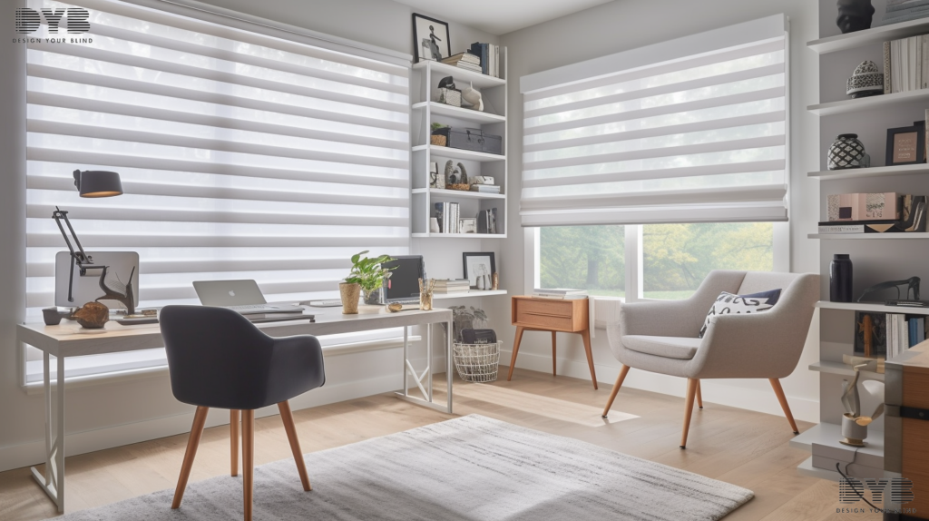 Home office in Palm Beach Gardens, FL featuring Pirouette Shades, offering a view of a backyard with a pool.