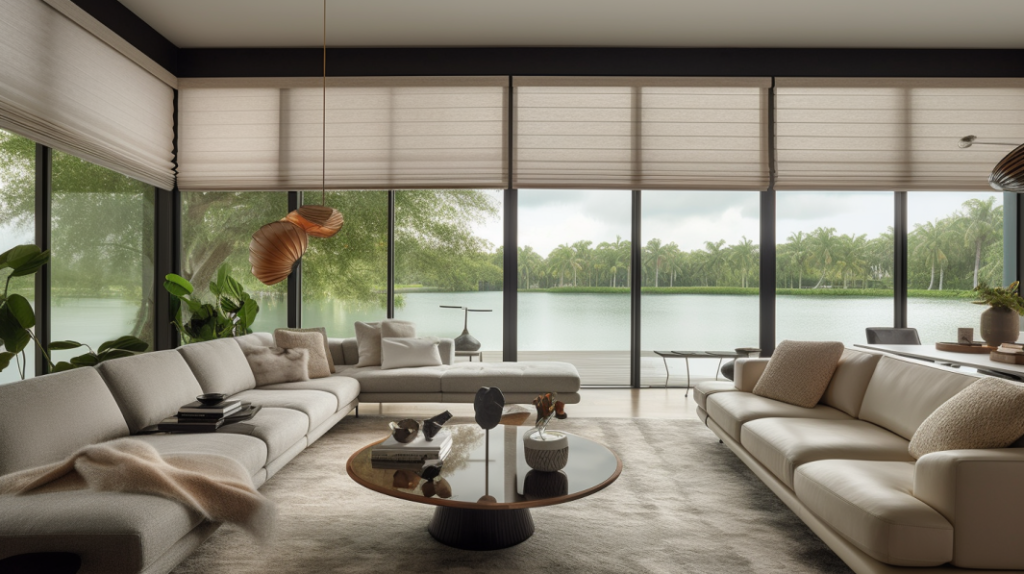 A Delray Beach living room with Roman Shades, a tranquil space with a modern aesthetic