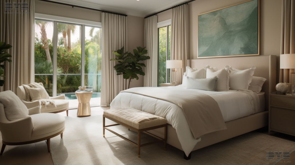 A Delray Beach master bedroom with Roman Shades in a transitional style featuring a king-sized bed and an armchair