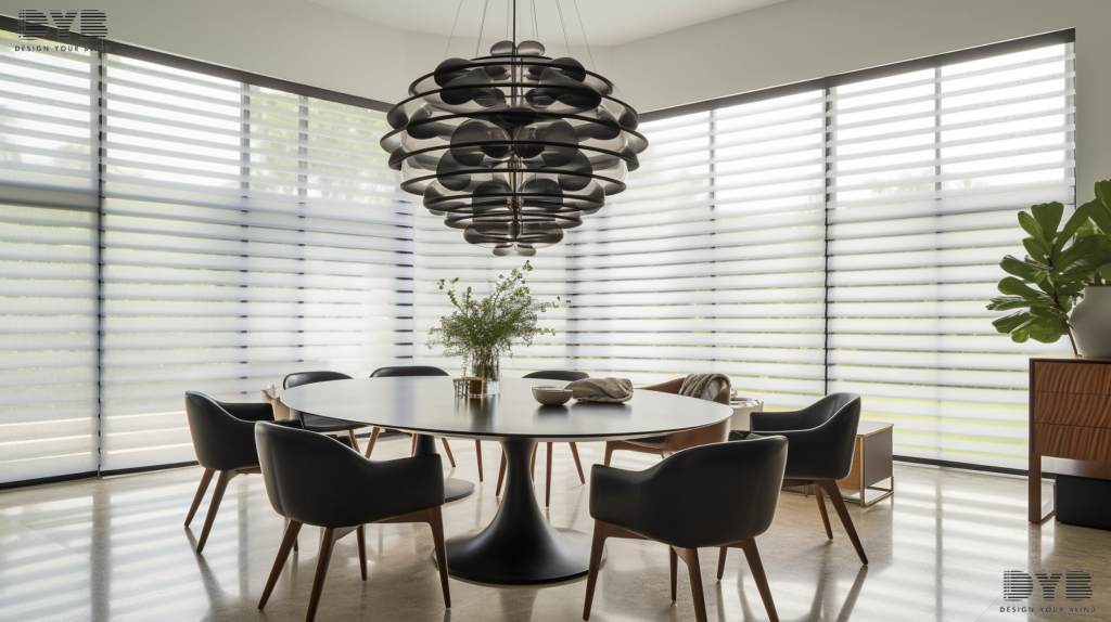 Modern dining room in Palm Beach Gardens, FL featuring Pirouette Shades, offering a view of a backyard with a swimming pool.