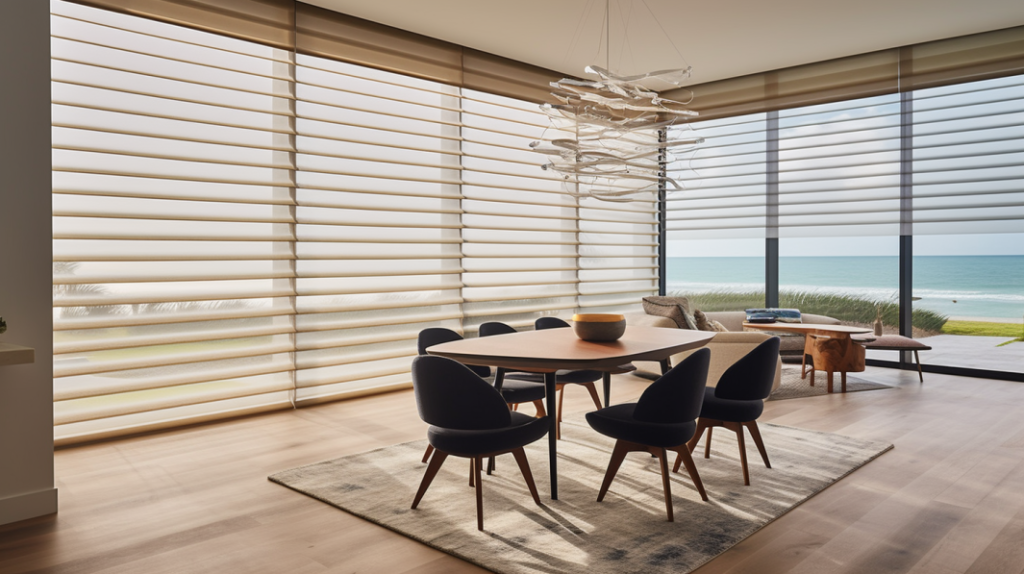 Dining room in Palm Beach Gardens, FL with Pirouette Shades, featuring a stunning ocean view.