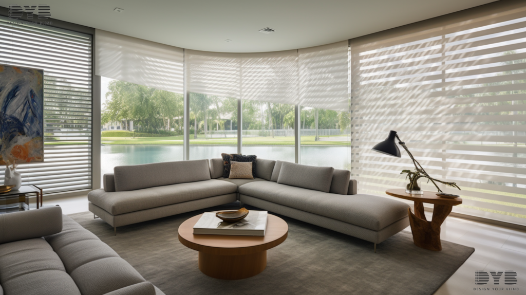 A formal living room in Lighthouse Point, FL, featuring a modern interior design with Roman Shades with Paisley fabric.