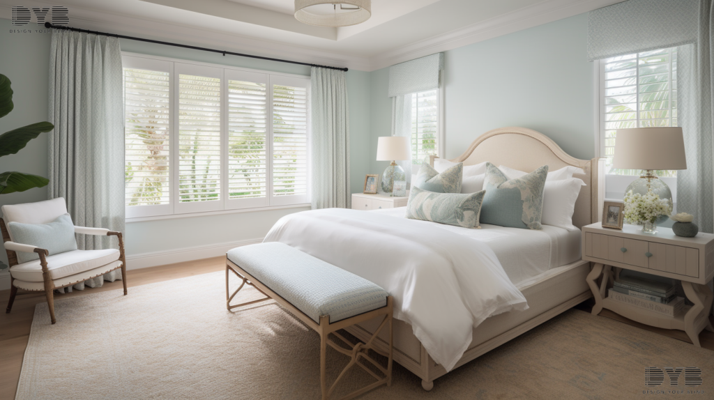 A guest bedroom in Lighthouse Point, FL, with a coastal interior design featuring Roman Shades with Damask fabric.