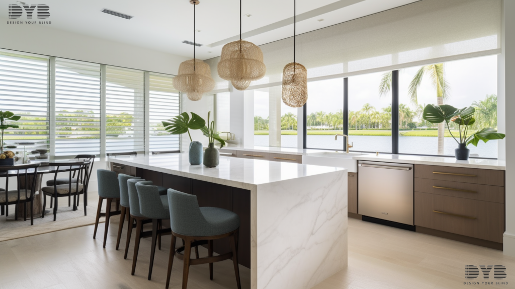 A kitchen in Lighthouse Point, FL, showcasing a modern interior design with Roman Shades with Foliage fabric.