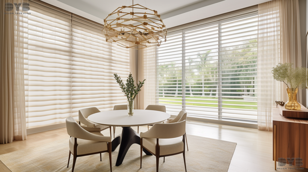 Spacious dining room in Palm Beach Gardens, FL with Pirouette Shades, offering a stunning view of the Intercoastal Waterway.