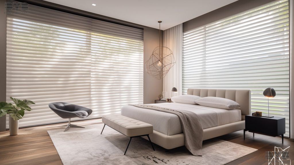 A serene bedroom in Parkland, FL with Pirouette Shades on the large windows, creating a sophisticated atmosphere. The shades are partially closed, offering a balance of light and privacy. The room is designed in a modern style with furniture from Restoration Hardware (RH), including a plush bed with a comfortable duvet, a sleek nightstand, and a modern lamp. The window overlooks a beautiful golf course, adding a touch of tranquility.