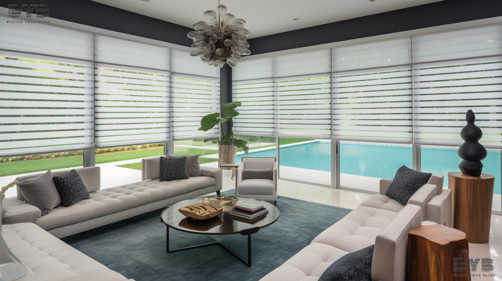 A transitional style family room in Parkland, FL with Pirouette Shades on the large windows. The shades are partially closed, allowing for a soft, diffused light. The room overlooks a backyard with a pool. The furniture is from Mitchell Gold + Bob Williams, including a plush white sectional sofa and a sleek coffee table, along with a few accent chairs. The light streams through the shades, illuminating the space and creating a sense of tranquility. The room has a modern, minimalist feel, with clean lines and neutral colors, and a sculpture on the coffee table adds a touch of modern art.