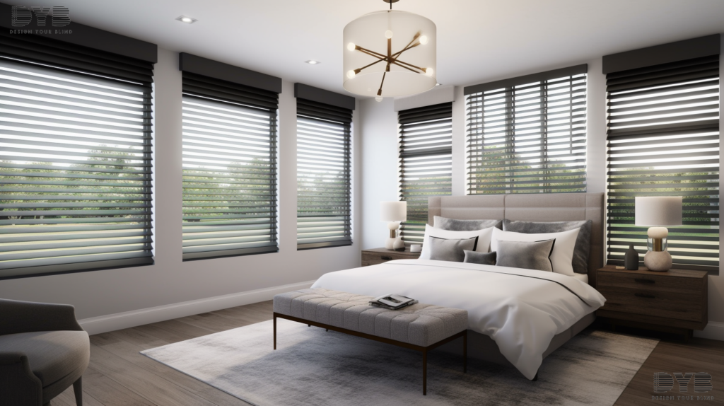 A farmhouse modern master bedroom in Parkland, FL with Pirouette Shades on the large windows, creating a warm and inviting atmosphere. The shades are fully closed, allowing for a dark and peaceful ambiance. The room is furnished with furniture from Williams Sonoma, including a plush king-size bed with a comfortable duvet, a sleek nightstand, and a modern lamp, and a reading nook with a comfortable armchair. The window overlooks a peaceful backyard, adding a touch of serenity to the space.