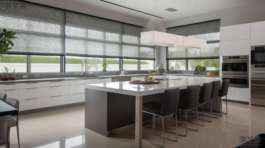 A Delray Beach kitchen in a contemporary style with Roman Shades, showcasing a canal view
