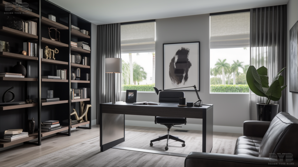 A Delray Beach home office in an Urban Modern style featuring Roman Shades, providing a tranquil workspace