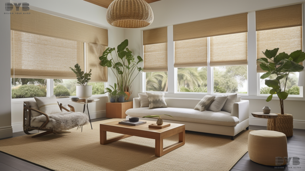 Woven wood roman shades in a West Palm Beach living room, showcasing natural light and a modern coastal design.