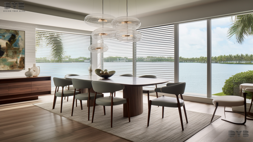 A close-up shot of Woven Wood Shades in a contemporary casual dining room with a view of the Intercoastal Waterway in Lighthouse Point, FL.
