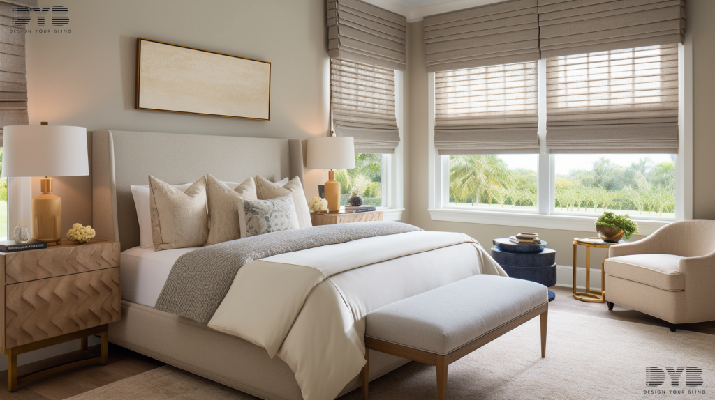 Partially closed Woven Wood Shades in a cozy guest bedroom with a golf course view in Lighthouse Point, FL.