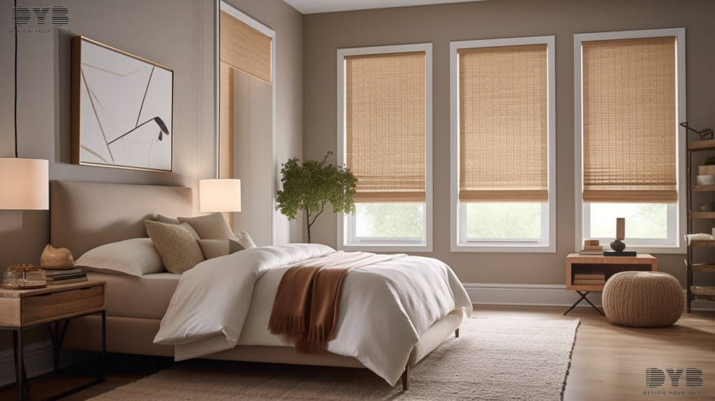 A West Palm Beach bedroom showcasing fully closed woven wood roman shades, creating a cozy and minimalist design.