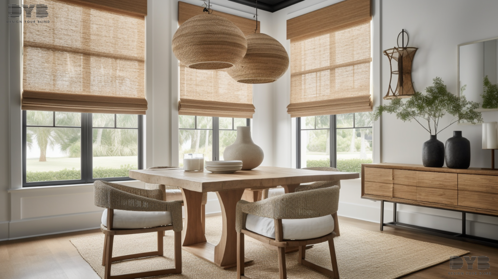 A West Palm Beach dining room featuring partially closed woven wood roman shades, overlooking a lush garden and showcasing a rustic farmhouse dining table.