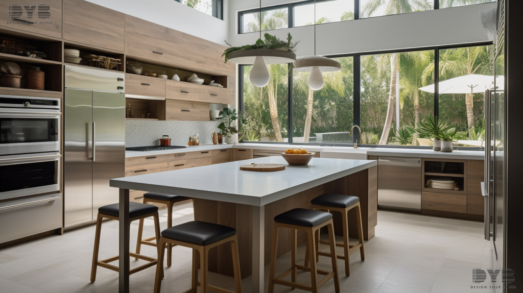 Partially closed Woven Wood Shades in a farmhouse modern kitchen with a backyard view in Lighthouse Point, FL.
