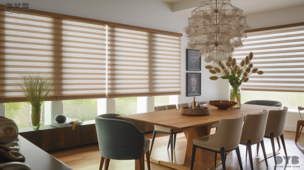 A casual dining room in Boca Raton, Florida, with Hunter Douglas Pirouette Shades on a window overlooking the ocean.