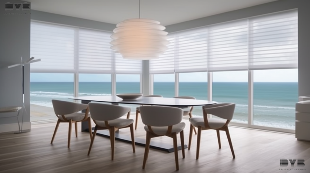 A casual dining room in Delray Beach, FL featuring Silhouette Shades, Baker Furniture, a sleek dining table, modern chairs, and an ocean view.
