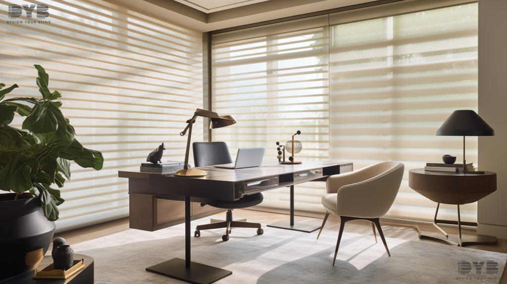 A home office in Boca Raton, Florida, with Hunter Douglas Pirouette Shades on a window overlooking a backyard.