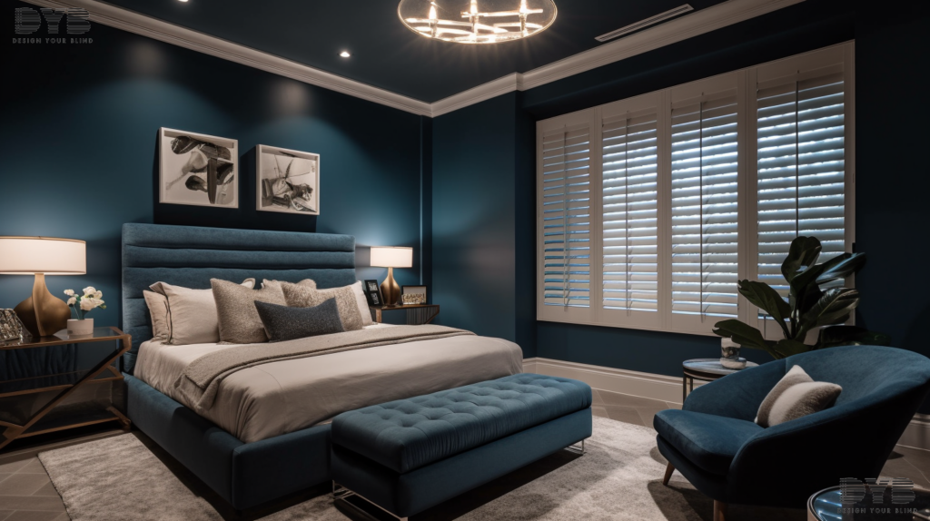 A master bedroom in Boca Raton, Florida, with Hunter Douglas Pirouette Shades on a window overlooking a golf course.