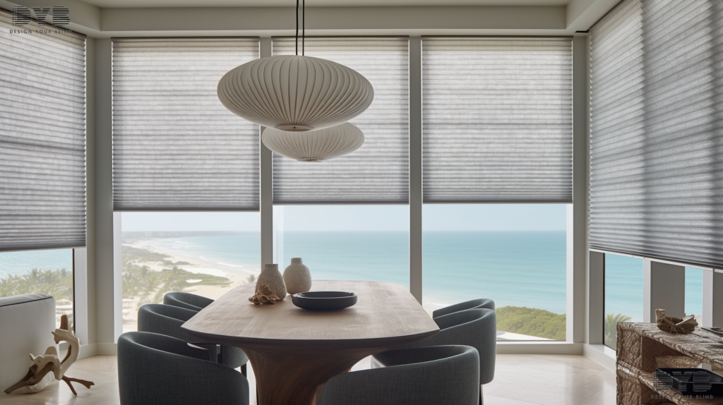 Honeycomb Shades in a Boynton Beach dining room with contemporary decor and ocean views